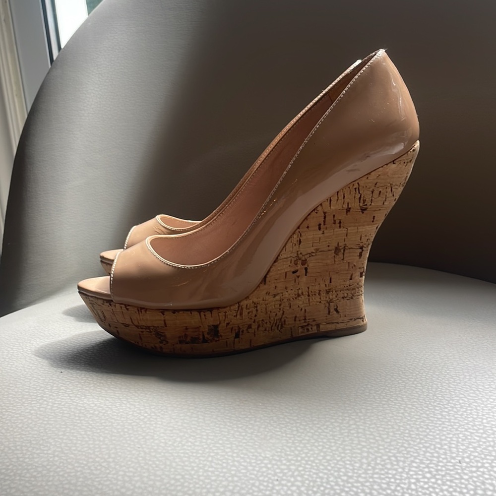Miu miu Patent Beige Wedge Heels